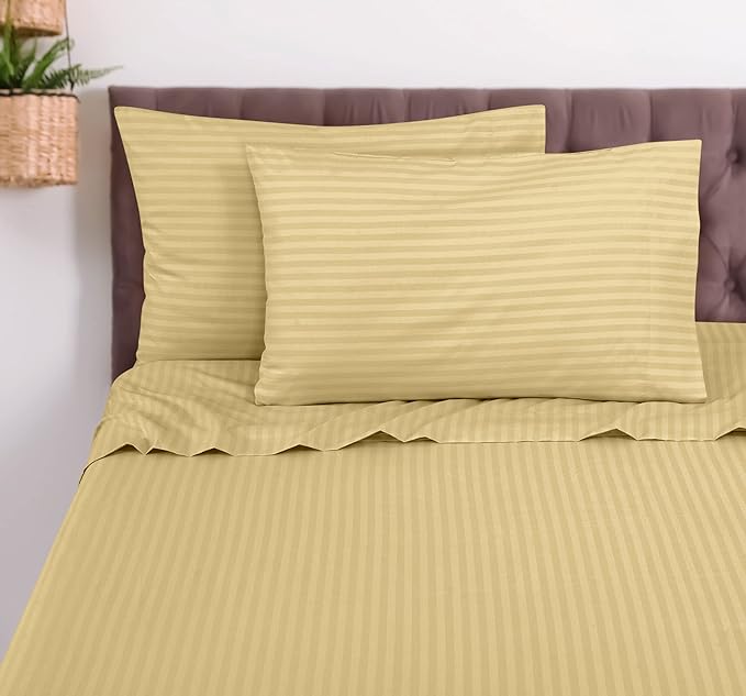 ROYALE LINENS 4 Piece Cal King Sheets Set - Soft Brushed Microfiber Bedding - 1 Fitted, 1 Flat Sheet, 2 Pillow Cases - Wrinkle Free & Fade Resistant - Hotel Luxury Bed Sheets (Stripe Sand, Cal King)