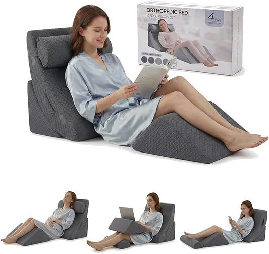 Axelrod 4PCS Orthopedic Bed Wedge Pillow Set, Post Surgery Foam for Back, Neck and Leg Pain Relief Comfortable & Adjustable Pillows- Anti Snoring, Heartburn, Acid Reflux & GERD Sleeping Melange Gray
