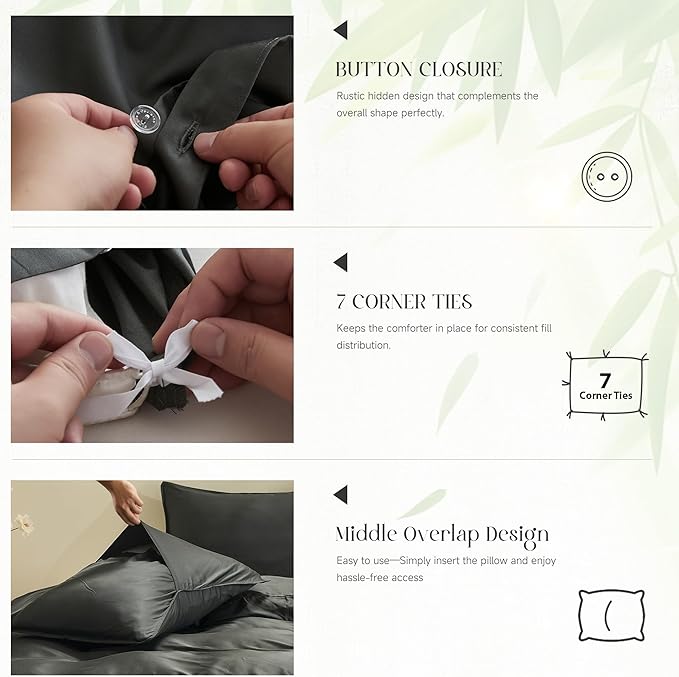 Simple&Opulence Cooling Duvet Cover Set Queen Size, 3 Pcs 100% Viscose Derived from Bamboo Hotel Luxury Silky Bedding Set, Breathable Soft Comforter Cover for Hot Sleeper with 2 Pillowcases(Dark grey)