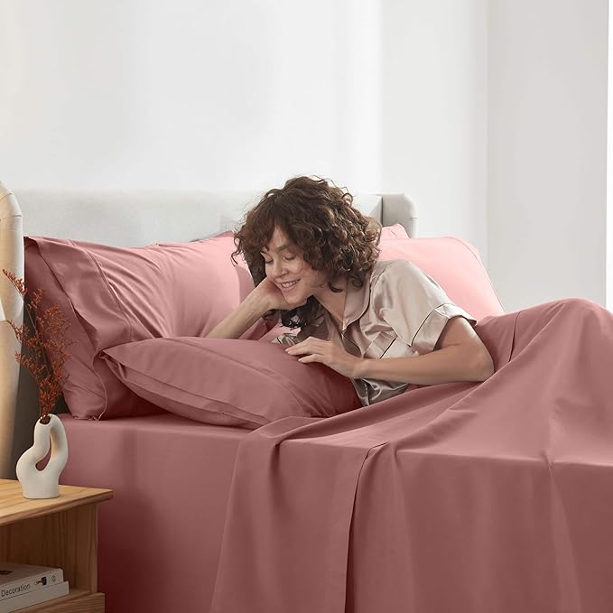 Nestl Extra Deep Split King Sheet Set - 7 Piece Breathable & Cooling Sheets - Hotel Luxury Bedding Set w/18-24 Inch Deep Pockets - Easy & Secure Fit - Super Soft, Wrinkle Free & Comfy - Pink Clay