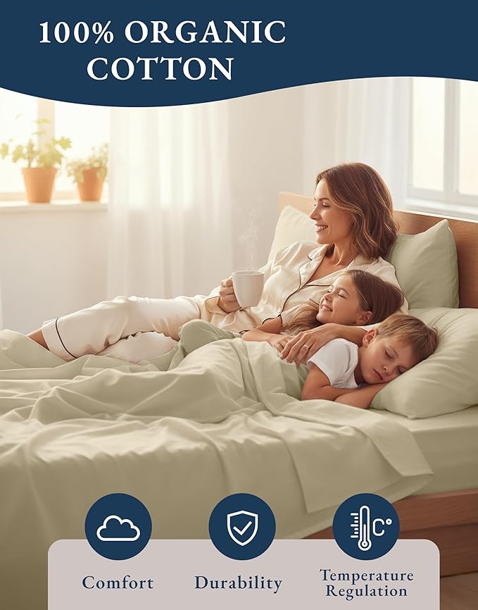 LANE LINEN 100% Organic Cotton Queen Size Sheets Set, Eco Friedly Mercerized Fully Elasticized Queen Sheets, Naturally Temperature Regulating Cooling Cotton Sheets- Linen