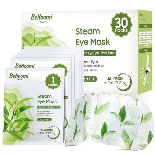 BeHoomi 30Packs Steam Eye Mask, Heated Eye Mask Warm Compress for Eyes, Self Heating Disposable Steam Mask for Home Sleep, Spa, Travel Essentials & Relaxation Gifts, Mothers Day Gifts (Green Tea)