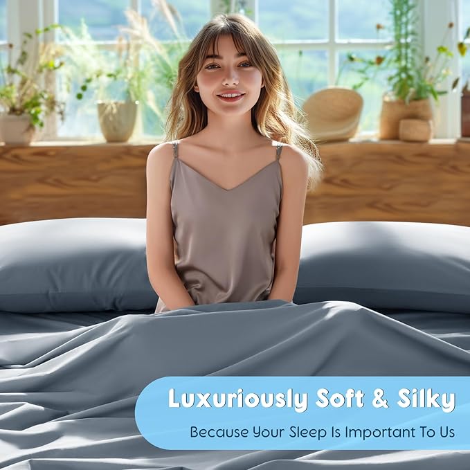 SONORO KATE 100% Egyptian Cotton Sheets Set - 1000 High Thread Count, Luxury 5-Star Hotel Sateen Bed Sheets, Soft, Breathable Long Staple Sheets, Fit up to 16" - 4 PC (French Blue,Queen)