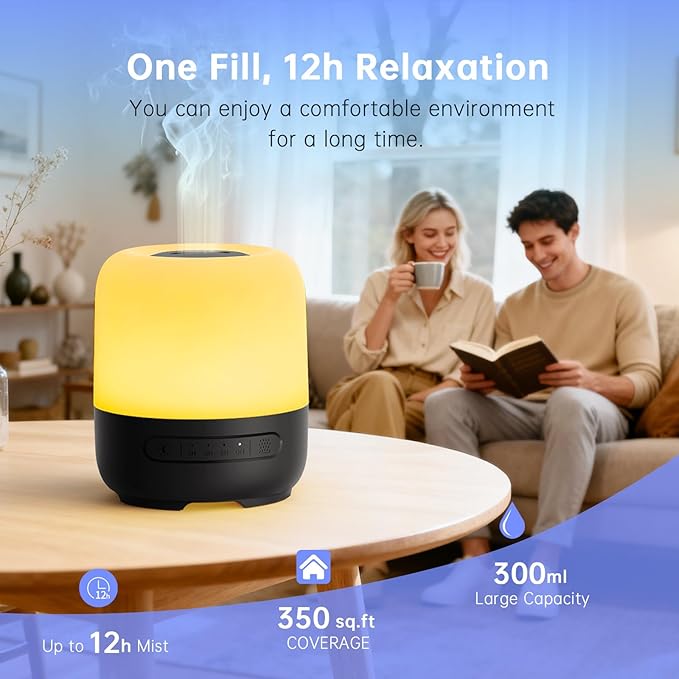 Essential Oil Diffusers for Home, 300ml Ultrasonic Aromatherapy Diffuser with 4 Timer & 7 Color Night Lights, Quiet 20dB Operation for 12 Hours, for Bedroom, Nursery, Office (1)