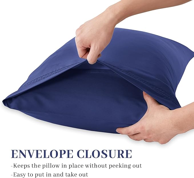 YIYEA California King Pillow Cases Set of 4, Ultra Soft 1800TC Hotel Quality Double Brushed Microfiber Embroidered Pillowcases, Envelope Closure, Fade Resistant (20"x40", Navy)