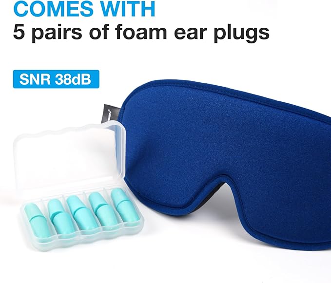 LYSIAN 3D Sleep Mask for Side Sleepers, Blackout Eye Mask with No Pressure on Eyes, Adjustable Comfortable Blindfold with 5 Pairs of Ear Plugs for Sleeping, Travel, Nap, Blue