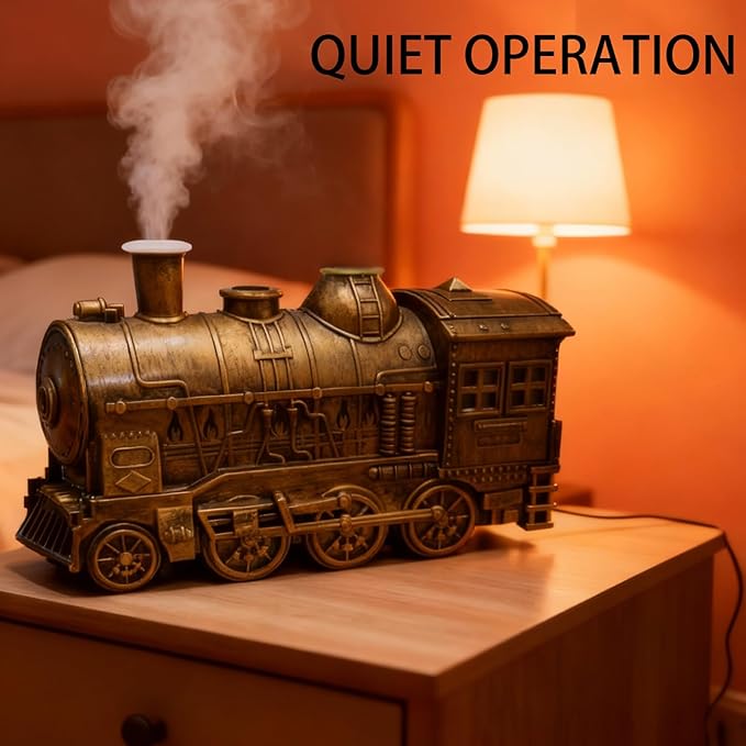 300ML Vintage Steam Train Essential Oil Diffuser & Humidifier - Dual-Color LED Night Light, 2 Mist Modes, Auto Shut-Off, Perfect Home Decor Gift for Bedroom, Office, Christmas