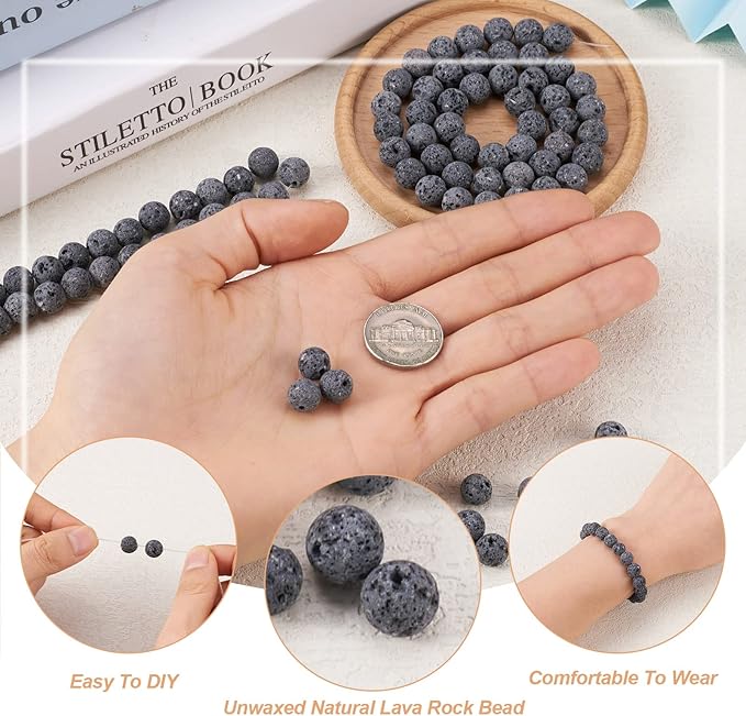 Craftdady 8mm Unwaxed Natural Lava Stone Beads 460Pcs Round Volcanic Rock Gemstone Loose Beads Energy Healing Chakra Beads for Jewelry Craft Essential Oil Bracelet