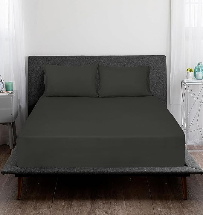 ROYALE LINENS 300 Thread Count 100% Long Staple Combed Cotton Sheet Set - 4 Piece King Bed Sheet 1 Fitted Sheet, 1 Flat Sheet, 2 Pillow Cases - Breathable, Cool & Crisp Percale Sheet Set (King, Black)