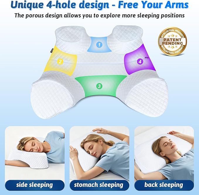 Side Sleeper Pillow with Arm Hole, Shoulder Relief System, Arm Pillow for Neck and Shoulder Pain, Premium Memory Foam, Suitable for Side, Back and Stomach Sleepers - White, 6in Height