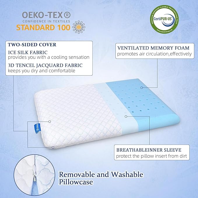 SofGlowly Thin Flat Pillow for Sleeping – 2.25" Ultra Slim Cooling Memory Foam Pillow for Stomach & Back Sleepers, Low Profile Neck Alignment Design with Soft Washable Cover,Supportive & Comfortable
