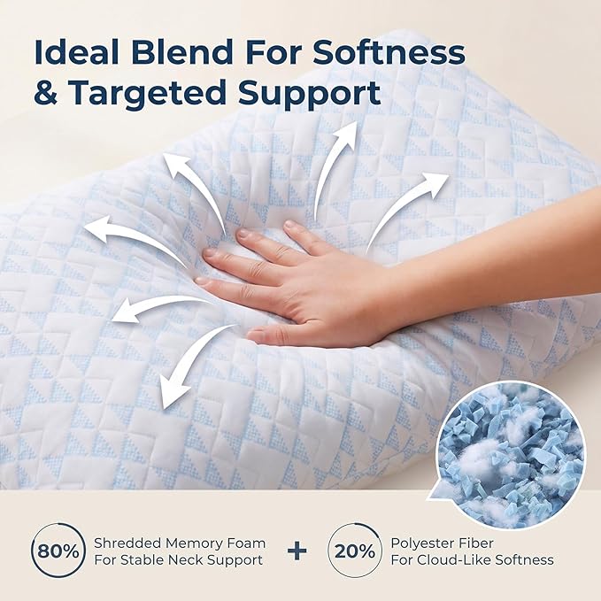 Alkyonos Shredded Memory Foam Pillows for Sleeping, Adjustable Firm Pillow for Side, Back and Stomach Sleepers, Very Soft ＆ Warm for Winter ＆ Spring, Queen Size Set of 2