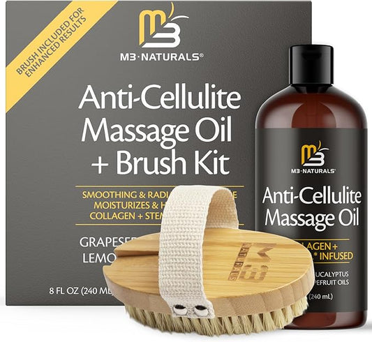 Anti Cellulite Massage Oil and Firm Dry Brush Kit | Collagen & Stem Cell Skin Tightening Kit | Radiant Body Care Kit for Women by M3