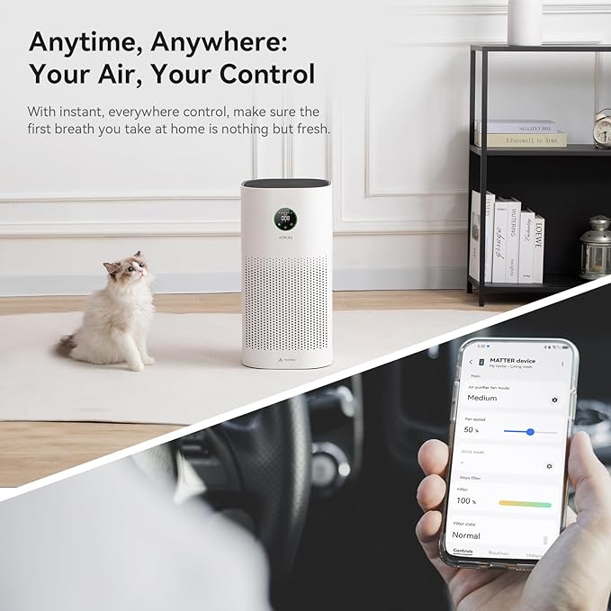 Air Purifiers for Home with Matter – Covers 2580ft² Compatible with Google Home, Alexa & Smarthings, HEPA 13 & Washable Pre-Filter, Voice Control Home Automation