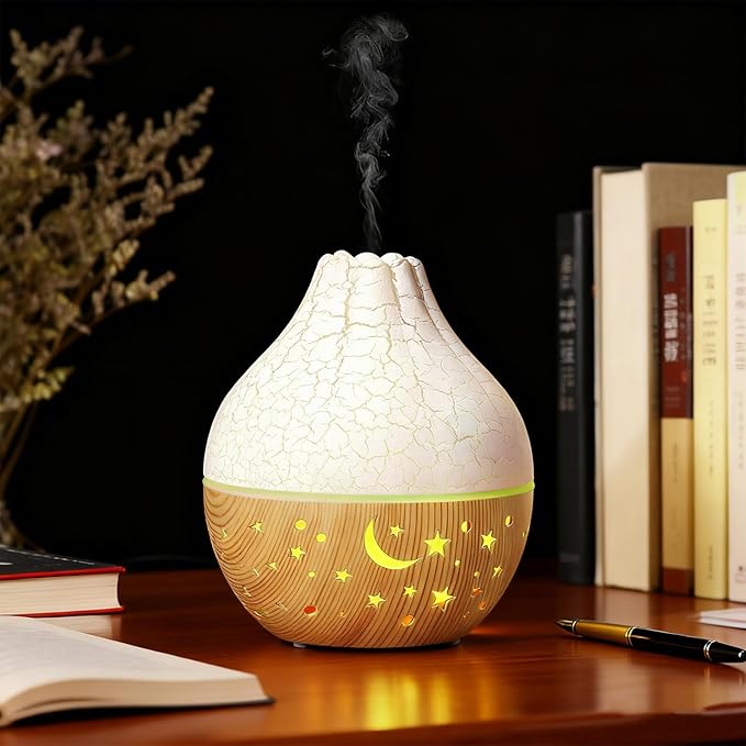 Essential Oil Diffuser, Mini Ultrasonic Air Diffuser Humidifier Luminous Hallow Silent Auto Shut Off USB Aromatherapy Diffuser for Home Office Spa (White Crack Light Wood Grain)