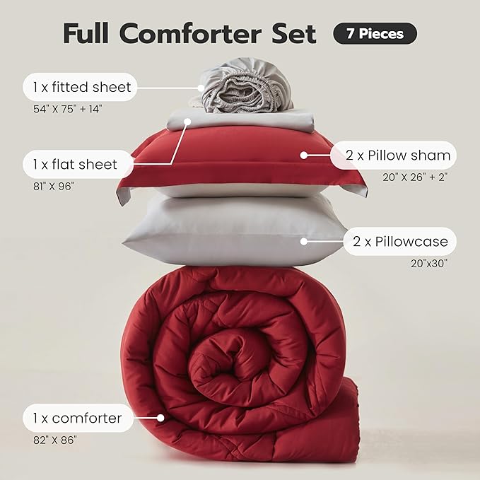JOIEDOMI Full Size Comforter Set with Sheets Red, 7 Pieces Full Size Bed Set with 1 Down Alternative Comforter, 1 Flat Sheet, 1 Fitted Sheet, 2 Pillowcases and 2 Pillow Shams, Bed in a Bag All Seasons