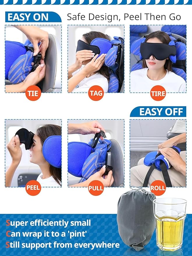SARISUN Travel Pillows for Airplanes, Airplane Pillow for Long Flight, Airplane Head Strap with Eye Mask for Sleep, Travel Neck Pillow for Car Road Trip, 360° Support Headrest, Stop Bobblehead, Orange