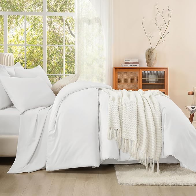 Litanika Comforter Full Size Set White - 7 Pieces Bed in a Bag Full Bedding Comforter Sets, Plain Lightweight Bed Set with Comforter, Sheets, Pillowcases & Shams