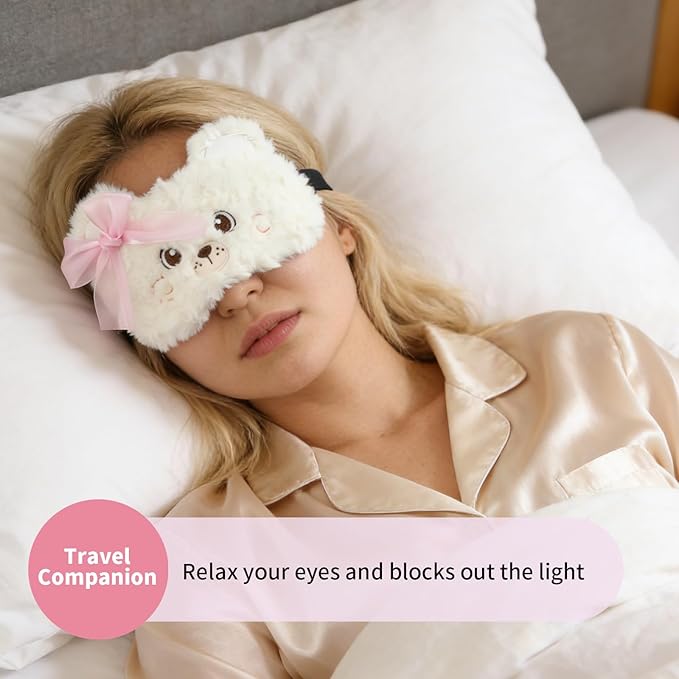 PERFECTSIGHT Sleep Eye Masks, Cute Penguin Plush Sleep Eye Cover Lightweight Adjustable Eyeshade Faux Fur Mask Cover for Women Men Sleep Travel Nap, Lace Bear