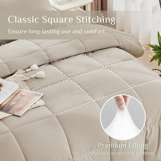 JOLLYVOGUE King Comforter Set, Ultra-Soft Bed in a Bag King Size 7 Pieces, Oeko-TEX Certified Bedding Set with Down Alternative Comforter, Sheets, Pillowcases & Shams, Oatmeal