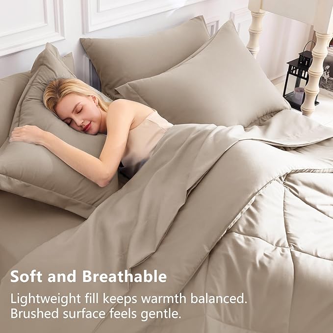 CozyLux Twin XL Comforter Set Khaki - 5 Pieces Twin Extra Long Bed in a Bag for College Dorm, All Season Bedding Set for Girls and Boys, Soft Bed Set with Comforter, Sheets, Pillowcase & Sham