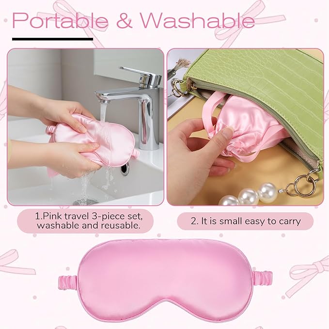 Silk Satin Sleeping Mask Set, Include 1 Double Layer Satin Filling Eye Cover 1 Scrunchie 1 Storage Bags, Pink Soft Breathable Blackout Eyeshade for Women Sleep Travel Nap Bridesmaid Gifts (Pink)
