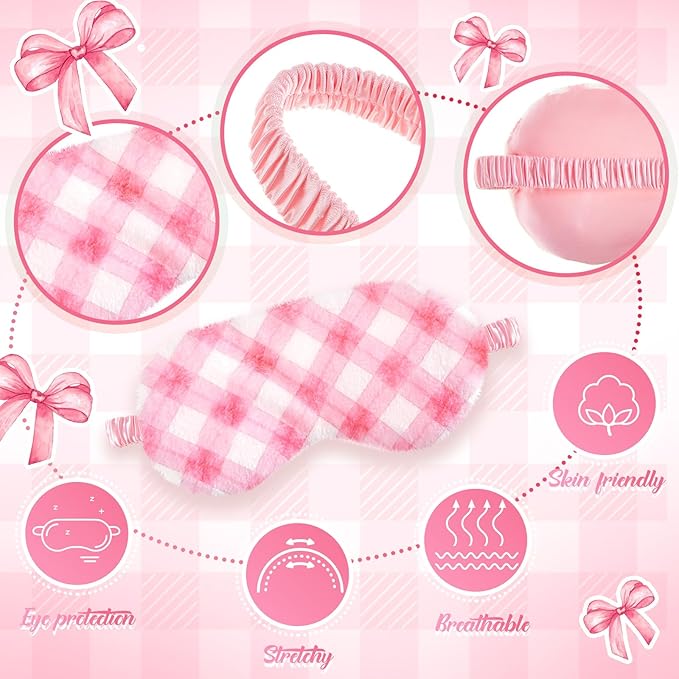 Cuffbow 6 Pack Plush Sleep Mask Set, Cute Plush Eye Masks for Sleeping, Soft Comfortable Travel Nap Blindfold, Sleepover Party Favors for Women(Plaid Bow,Pink)