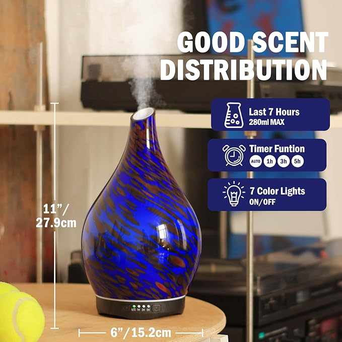 Porseme Essential Oil Diffuser Hand-Blown Glass Aroma Diffusor, Aromatherapy Unltrasonic Cool Mist deffuser, 7 Color Changing, Waterless Shut-Off, Timer Function for Home Office(280ml, Cobalt Blue)