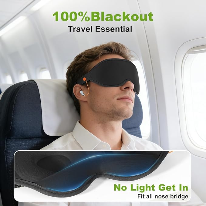 3D Contoured Sleep Mask with Earplug Retainer Cord,100% Pressure-Free & Total Light Blocking Eye Mask with Adjustable Strap. Ideal for Sleep Earplug User, Airplane Travel, Meditation Grey