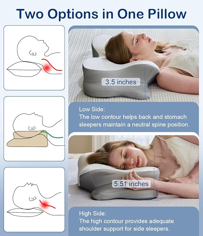 Cervical Neck Pillow, Ergonomic Memory Foam Pillows for Neck Pain Relief with Breathable Pillowcase, Neck Support Pillow with Adjustable Settings for Side Back Stomach Sleepers, Odorless White