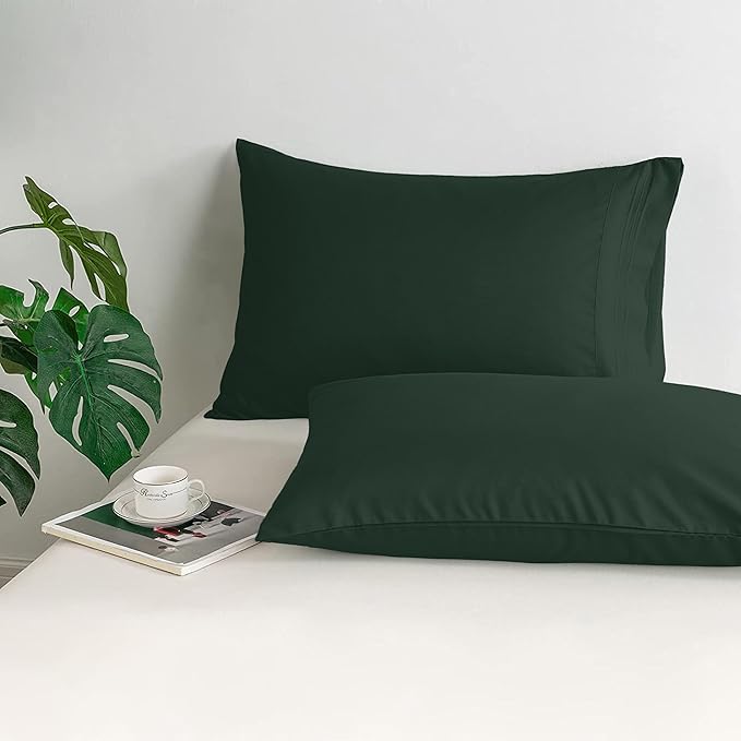 Mocassi 2-Piece Premium King Pillowcase Set 1800 Series Hotel Quality Microfiber - Soft and Breathable with 3-Line Embroidery Wrinkle and Stain Resistant, Easy Care, 20" x 40", Forest Green