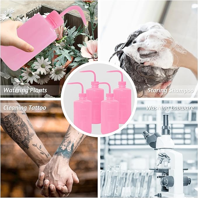 4 Packs Tattoo Wash Bottle Water Squirt Squeeze Diffuser Bottles (Pink, 500ml)