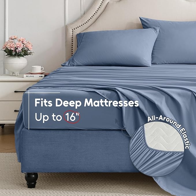 Twin XL Sheets Set, 3 Pieces Hotel Luxury Soft Microfiber Bed Sheets Set, Up to 16" Deep Pockets, Oeko-Tex Sheets with Elastic, Breathable, Wrinkle Free (Mist Blue, Twin XL)