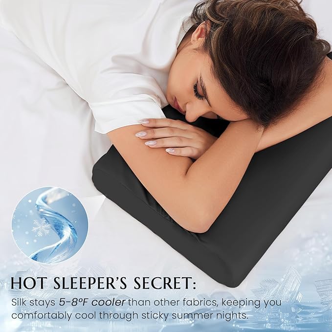 THXSILK 19 Momme 100% Mulberry Silk Pillowcase for Contour Memory Foam Pillow, Contour Pillow Case Cover, Cervical Pillow Case, Pack of 1(Black, 21"x14.5"x4.9"/4.2")