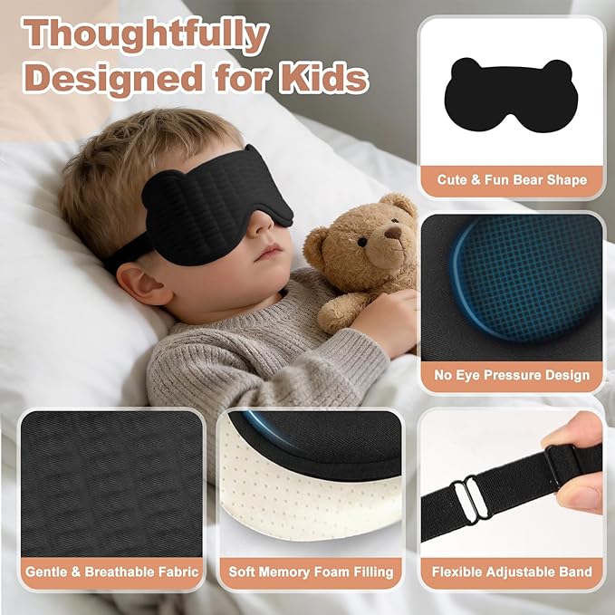 Kids Sleep Mask, 3D Sleep Mask for Kids with Adjustable Elastic Strap, Soft Comfortable Eye Mask for Children, Blackout Travel Kid Sleeping Mask for Ages 5-15 Boys Girls (Black)