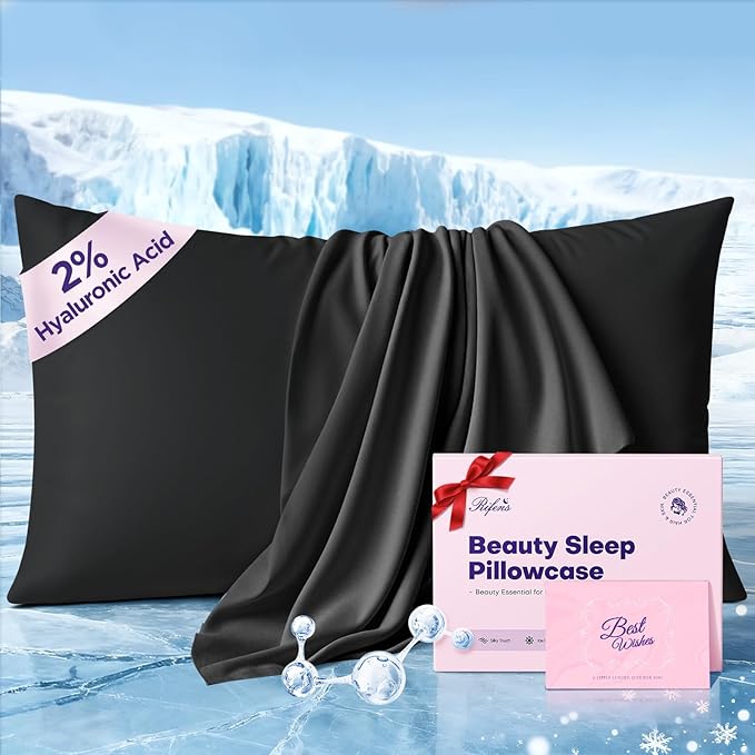 Instant Chill Cooling Pillowcase for Hot Sleepers, 2% HA Infused Pillowcase Hydrates Skin & Hair, Reduces Wrinkles & Frizz, Softer Than Silk Pillow Cases, Pillow Covers Standard (Black, 1 Pack)