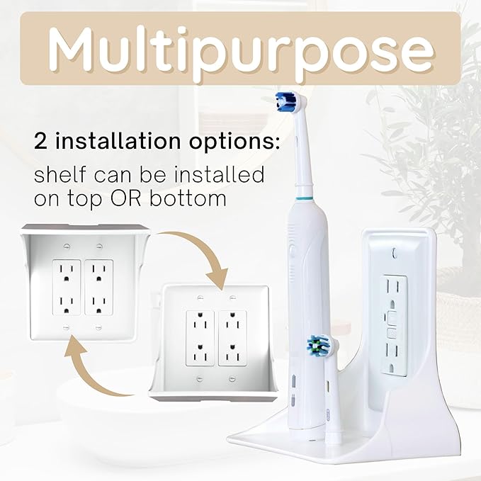 Power Perch Double Wall Outlet Shelf with Cord Storage Strap - Declutter & Reclaim Bedroom Counter Space - Alexa Stand, Apple HomePod Shelf, Toothbrush Holder for Bathroom - White, 1-Pack