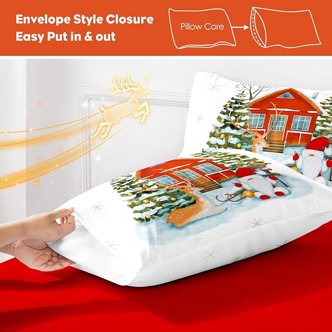 YIYEA Christmas King Size Pillow Cases Set of 4, Ultra Soft Double Brushed Microfiber Red Pillowcases and Christmas Pillow Covers, Envelope Closure, Fade Resistant (20"x36")
