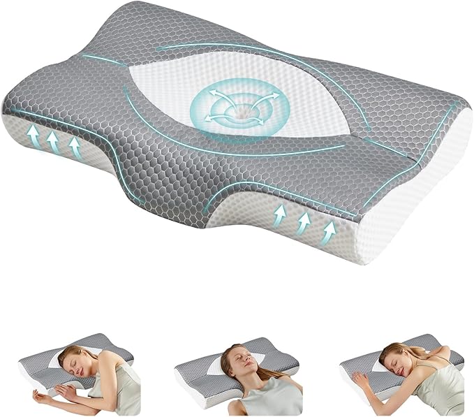NEWBULIG Cervical Neck Pillow - Ergonomic Memory Foam Pillow for Neck Pain Relief, Contour Orthopedic Bed Pillow for Side, Back & Stomach Sleepers with Neck Support, Queen Size, Grey