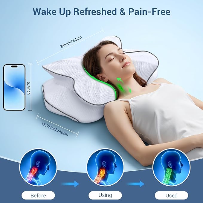 AZBESTPRO Memory Foam Cervical Pillow for Neck Support & Pain Relief, Butterfly Ergonomic Design – 24×15.75×5.7 Inches, Removable 100% Polyester Pillowcase, Suitable for Side & Back Sleepers (Grey)