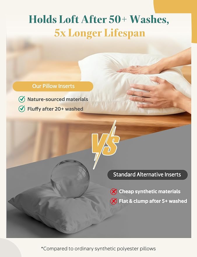APSMILE Organic Cotton Goose Feather Down Plus Throw Pillow Inserts, 16x16 Inch Set of 2, Soft Supportive Square Decorative Pillow Forms for Couch, Sofa, Bed