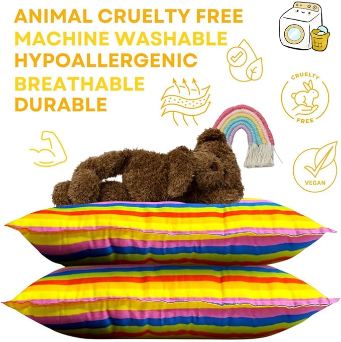 kinder Fluff Toddler Pillow 2X–Certified Hypoallergenic Award Winning Baby Pillow (no Pillowcase Needed) 300TC Pure Cotton Shell and Down Alternative Fill. Toddler Bedding Kids Pillow 2+ Rainbow