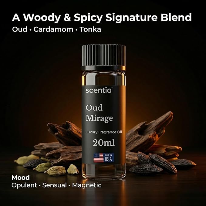 Scentia Oud Mirage Fragrance Oil for Diffusers – Luxury Spicy Woody Home Scent with Cardamom, Sandalwood, Patchouli & Tonka – Oil for Ultrasonic, Cold Air & Waterless Diffusers – 20 ml (0.67 fl oz)