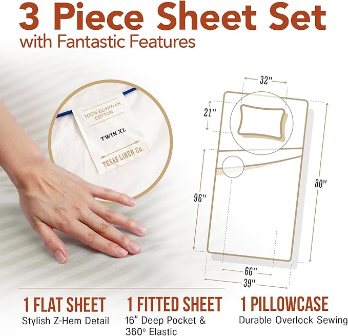 TEXAS LINEN CO. 100% Egyptian Cotton Sheets - Texan Talkin' Damask 600 Series 3 PC Twin XL Sheet Set (Ivory Stripe), Soft, Cooling, Sateen Weave, Extra Long Staple Luxury Bedding, 16" Deep Pocket