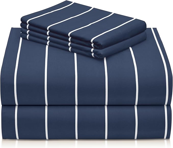 LuxClub 4 PC Full Size Sheet Set, Breathable Luxury Bed Sheets, Deep Pockets 18" Wrinkle Free Cooling Machine Washable Hotel Bedding (Striped Navy)