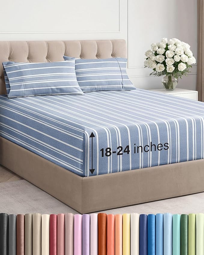 Extra Deep Cal King Sheet Set - 4 Piece Breathable & Cooling Bed Sheets - Easily Fits 18 to 24 inch Mattress - Soft, Wrinkle & Fade Free w/ Extra Deep Pockets - Hotel Luxury Bedding - Blue Stripes 3