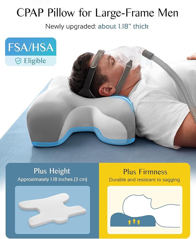 CPAP Pillow for Larger-Framed Men, Ergonomic Memory Foam Bed Pillow to Reduce Air Leaks, Facial Pressure, Height Adjustable for Side Back Stomach Sleepers, 23.6"x15.74"x5.11"/5.9"