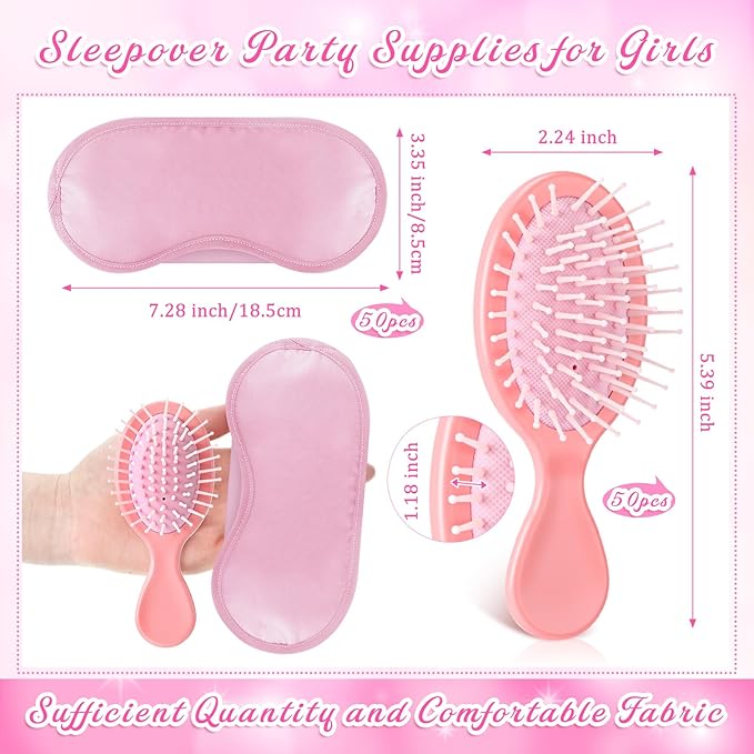 Meanplan 100 Pcs Mini Hair Brush Set 50 Sleep Mask 50 Portable Wet Dry Hair Combs Detangling for Women Spa Sleepover Party Supplies for Travel Team Building Wedding Bridesmaid Gifts(Pink)