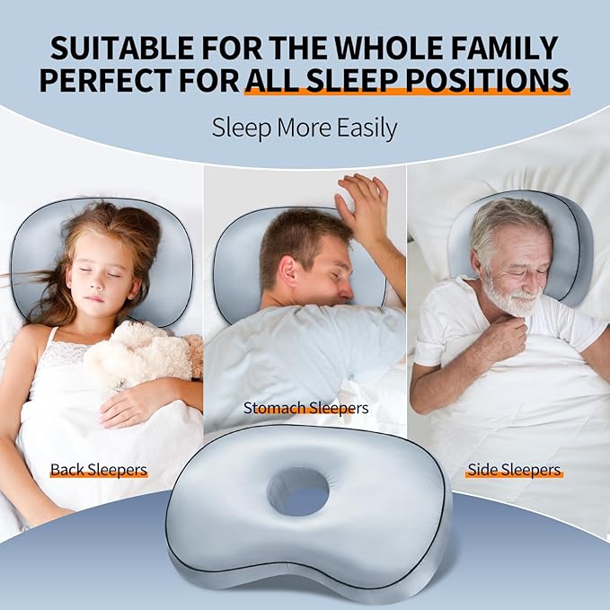 Ear Hole Piercing Pillow for Side Sleepers for CNH and Ear Pain Inflammation Pressure Sores, Cotton and Polyester Adjustable Filling Washable and Adjustable Ear Guard Pillow (Light Blue Silk)