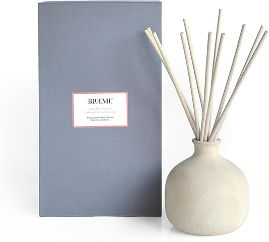 Blueme Romance Diffuser | Oakmoss & Sandalwood | 16.91 Fl Oz - Refillable Wellness Diffuser, Contains Essential Oil, Sustainable, Hand Finished, Premium, Luxury Ceramic, Natural Rattan Reeds | Large